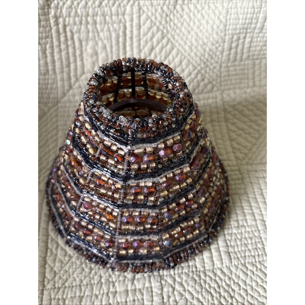 Vintage Beaded Lamp Shade Amber Brown Seed Bead Wire Frame Replacement Shade 4"
